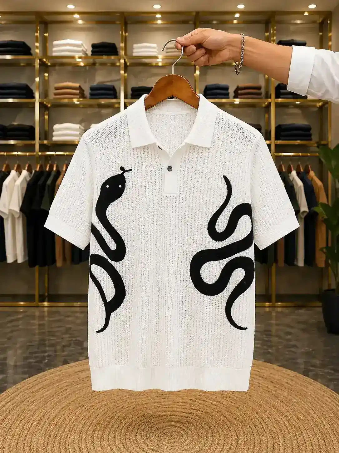 Men's White Textured Knit Polo with Twin Black Snake Motifs